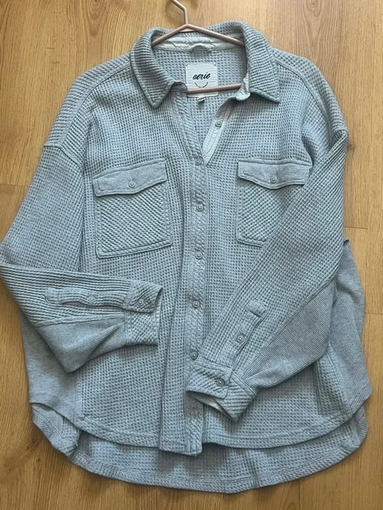 aerie Light Gray Waffle-Knit Button-Up Shirt Jacket - Picture 4 of 5
